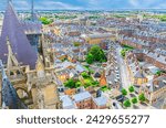 Aerial view from top of Amiens Cathedral with fleche spire and panorama of Amiens old historical city centre and outskirts districts, Somme department, Hauts-de-France Region, Northern France