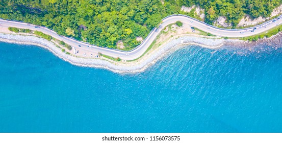 Aerial View Top View Of Beautiful Beach Road 