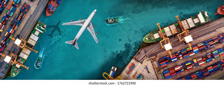 Aerial view and top view cargo plane flying above ship port in the export and import business and logistics international goods. Shipping cargo to harbor by crane