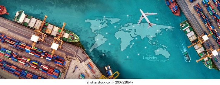 Aerial view and top view cargo plane flying above on the world map, Business transportation system concept