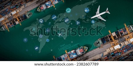 Aerial view and top view cargo plane flying above ship port coverage world map import-export business and logistics international goods. Shipping cargo to harbor by crane  