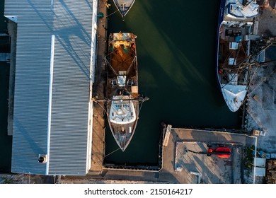 Aerial View Top Down Of A Commercial Fishing Vessel Docked In Hampton Virginia