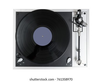 Aerial View Top Down Onto A Vinyl Record On Vintage Hi-fi Stereo Disc Turntable Isolated Against White Background