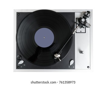 Aerial View Top Down Onto A Playing Vinyl Record On Vintage Hi-fi Stereo Turntable Isolated Against White Background