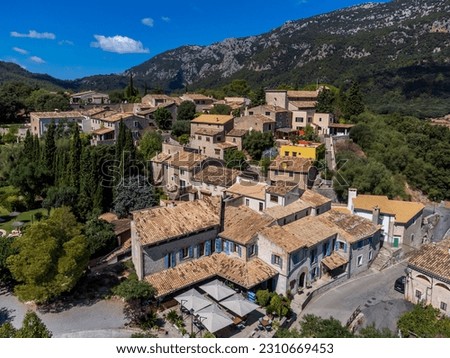aerial view from the top of the hill, Orient village, Bunyola, Majorca, Balearic Islands, Spain