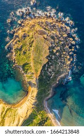 Aerial view top view of nature landscape of Ghajn Tuffieha bay, hill. Winter. Malta island