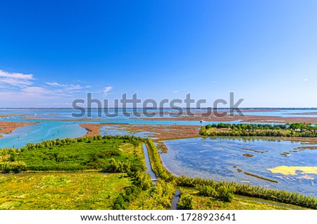 Aerial view of Torcello islands swamp, water canal and green trees and bushes. Panoramic view of Venetian Lagoon from bell tower. Veneto Region, Northern Italy. Blue cloudy sky background. Foto stock © 