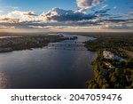 Aerial view of the Tornionjoki bridges, summer evening, in Tornio, Finland