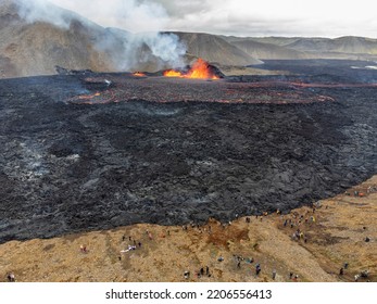 Aerial View Of Tourists Visiting Fagradalsfjall Volcano Eruption In Iceland