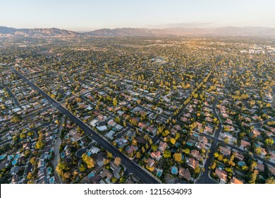 Aerial view towards Lassen St and Corbin Ave in the Northridge community in the San Fernando Valley region of Los Angeles, California.