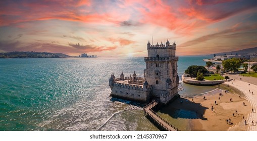 Aerial view of Tower of Belem at sunset, Lisbon, Portugal on the Tagus River. - Shutterstock ID 2145370967
