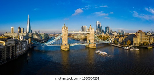 Aerial View Of Tower Bridge In London, United Kingdom. Drone Shot. Panorama. 