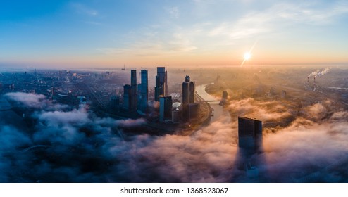 A aerial view of towers of the Moscow International Business Centre also known as Moscow City at dawn.