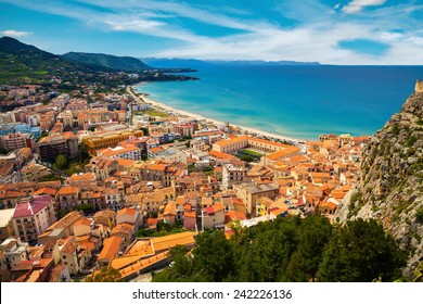 aerial view of town Cefalu from above, Sicily, Italy