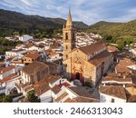 aerial view of the town and Church of San Marcos, Alájar, Huelva, Andalusia, Spain