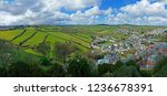 An aerial view of the town and countryside around Launceston, Cornwall, UK