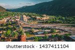 Aerial view of the Town of Glenwood Springs, Colorado in the Roaring Fork Valley and the Grand Avenue Bridge going over the Colorado River.