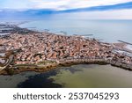 Aerial view of the town of Saintes Maries de la Mer, in the Bouches du Rhône, in Provence, France