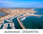 Aerial view of the town of Saintes Maries de la Mer, in the Bouches du Rhône, in Provence, France