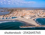 Aerial view of the town of Saintes Maries de la Mer, in the Bouches du Rhône, in Provence, France