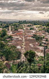 Aerial View Of The Town Of Salento, Quindío, Colombia. Coffee Production Area.