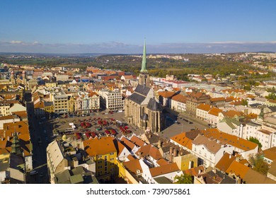 Aerial View Of Town Square With Gothic Cathedral Of St. Bartholomew, Pilsen, Czech Republic, European Union. Medieval City Center From Above.