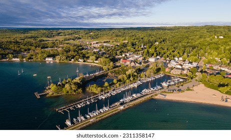 Aerial view of the town of Suttons Bay that is part of Grand Traverse Bay on Lake MIchigan - Shutterstock ID 2311358147