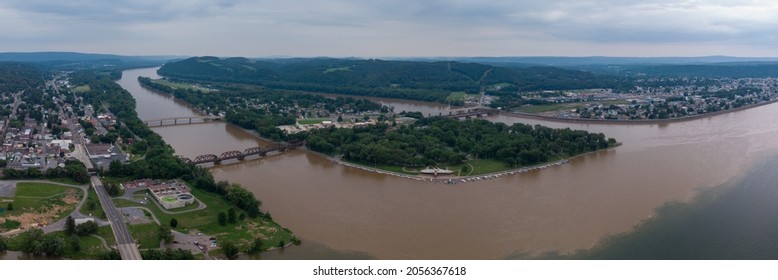 An aerial view of the towns of Northumberland and Sunbury along the Susquehanna River in Pennsylvania.