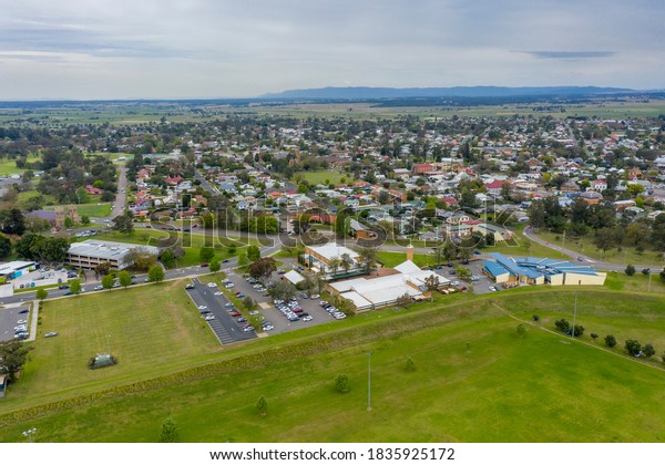 Aerial view of the township\
of Singleton in the Hunter Valley in regional New South Wales in\
Australia