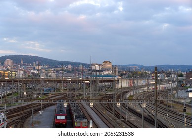 Aerial View Of Track Field Of Zürich Main Station And Skyline Of City Of Zürich On A Sunny Autumn Evening. Photo Taken October 9th, 2021, Zurich, Switzerland.