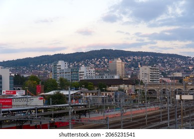 Aerial View Of Track Field Of Zürich Main Station And Skyline Of City Of Zürich On A Sunny Autumn Evening. Photo Taken October 9th, 2021, Zurich, Switzerland.