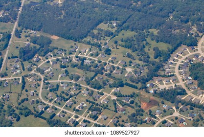 Aerial View Of Tract Housing Developments With Affordable Homes Near The Atlanta Airport, In Georgia.