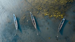 Aerial View Of Traditional Boats At O Loan Lagoon In Sunset, Phu Yen Province, Vietnam. Travel And Landscape Concept