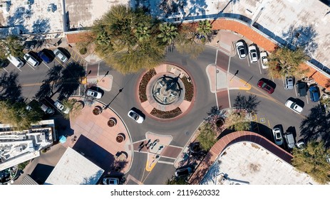 Aerial View Of Traffic Circle With Bronze Horse Fountain In Old Town Scottsdale Arizona