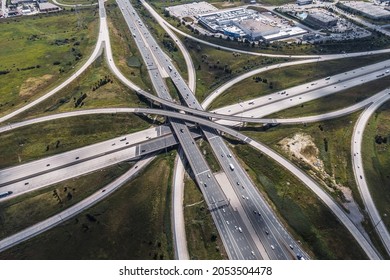 Aerial view of traffic on freeway overpass in Toronto, Ontario, Canada, North America. 