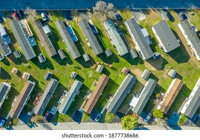 Aerial view of trailer park houses laid out like a fishbone typical American lower class housing