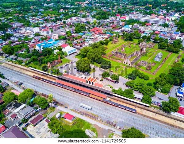 Aerial view of a\
Train arrive at Lopburi railway station near historic sites at\
Lopburi province  Thailand.\
