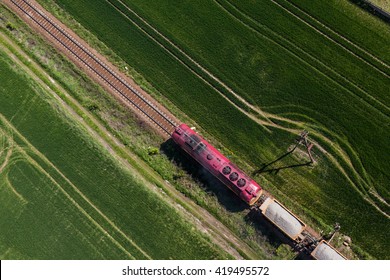 Aerial View Of The Train On The Railway Track In Poland