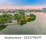 Aerial view of Tran Quoc pagoda, the oldest temple in Hanoi, Vietnam. Travel and landscape concept