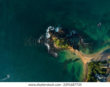 Aerial view of tranquil coastal vista with lush greenery and azure waters, ideal for travel brochures and postcards promoting serene vacations and tropical getaways. Parrot rock island in Sri Lanka.