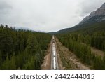 Aerial view of the trans-Canada tracks that cross the rocky mountains of Canada surrounded by trees.