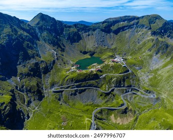 Aerial view of Transfagarasan road and Balea lake in Fagaras mountains - Romania - Powered by Shutterstock