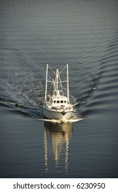 Aerial View Of Trawler Fishing Boat At Sea.