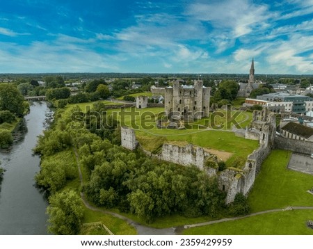 Aerial view of Trim castle popular filming location for medieval movies Norman keep with enclosing walls on the river Boyne in County Meath Ireland

