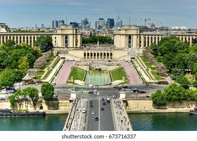 Aerial view of Trocadero as seen from the Eiffel Tower with "La Defense" in the background in Paris, France.