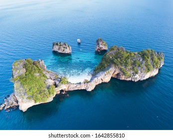 Aerial View Of Tropical Beach And Islands In Southeast Asia. Thailand. Bird's Eye View Of Andaman Sea.