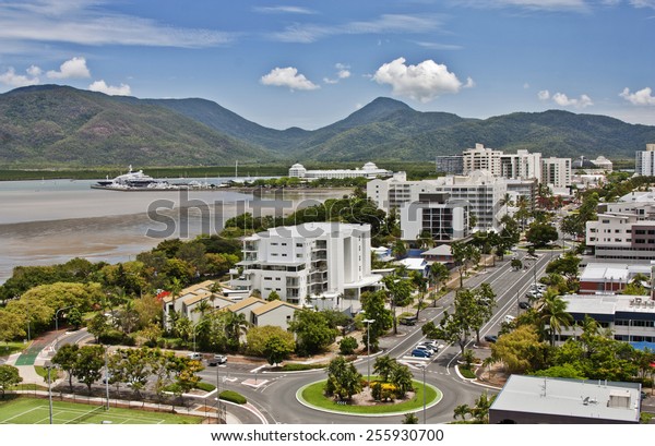aerial view of\
tropical city of Cairns\
QLD