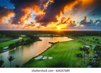Aerial view of tropical golf course at sunset, Dominican Republic, Punta Cana
