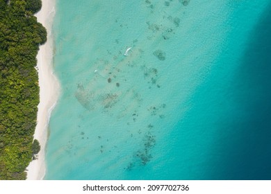 Aerial View Of A Tropical Island With A White Sand Beach And Turquoise Waters. Dhigurah Island, Maldives.