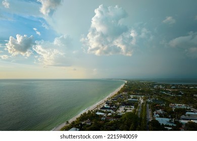 Aerial View Of Tropical Storm Over Rich Neighborhood With Expensive Vacation Homes In Boca Grande, Small Town On Gasparilla Island In Southwest Florida